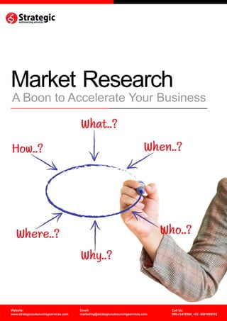 Market Research
A Boon to Accelerate Your Business




Website:                               Email:                                       Call Us:
www.strategicoutsourcingservices.com   marketing@strategicoutsourcingservices.com   080-41435564, +91- 9901065612
 