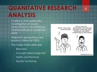 QUANITATIVE RESEARCH
ANALYSIS
• It refers to the systematic
investigation of social
phenomenon via statistical,
mathematical or numerical
data
• Helped in generating new
product ideas for P&G.
• The major tools used are:
• Blind tests
• Concept aided usage test
• Habits and Practices
• Quality monitoring
6
 