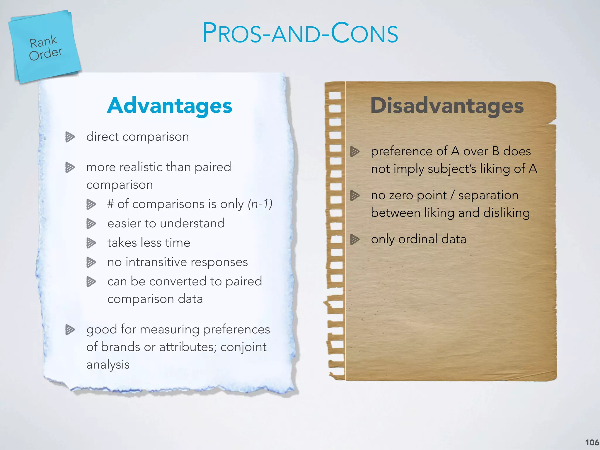 PROS-AND-CONS
106
Advantages Disadvantages
direct comparison
more realistic than paired
comparison
# of comparisons is only (n-1)
easier to understand
takes less time
no intransitive responses
can be converted to paired
comparison data
good for measuring preferences
of brands or attributes; conjoint
analysis
preference of A over B does
not imply subject’s liking of A
no zero point / separation
between liking and disliking
only ordinal data
Paired
Comp.Rank
Order
 