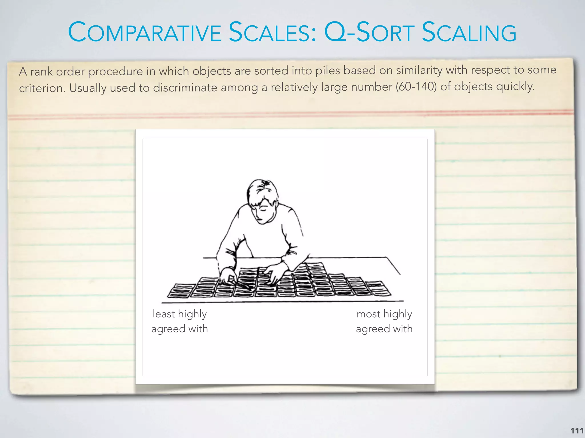 A rank order procedure in which objects are sorted into piles based on similarity with respect to some
criterion. Usually used to discriminate among a relatively large number (60-140) of objects quickly.
COMPARATIVE SCALES: Q-SORT SCALING
111
most highly
agreed with
least highly
agreed with
 
