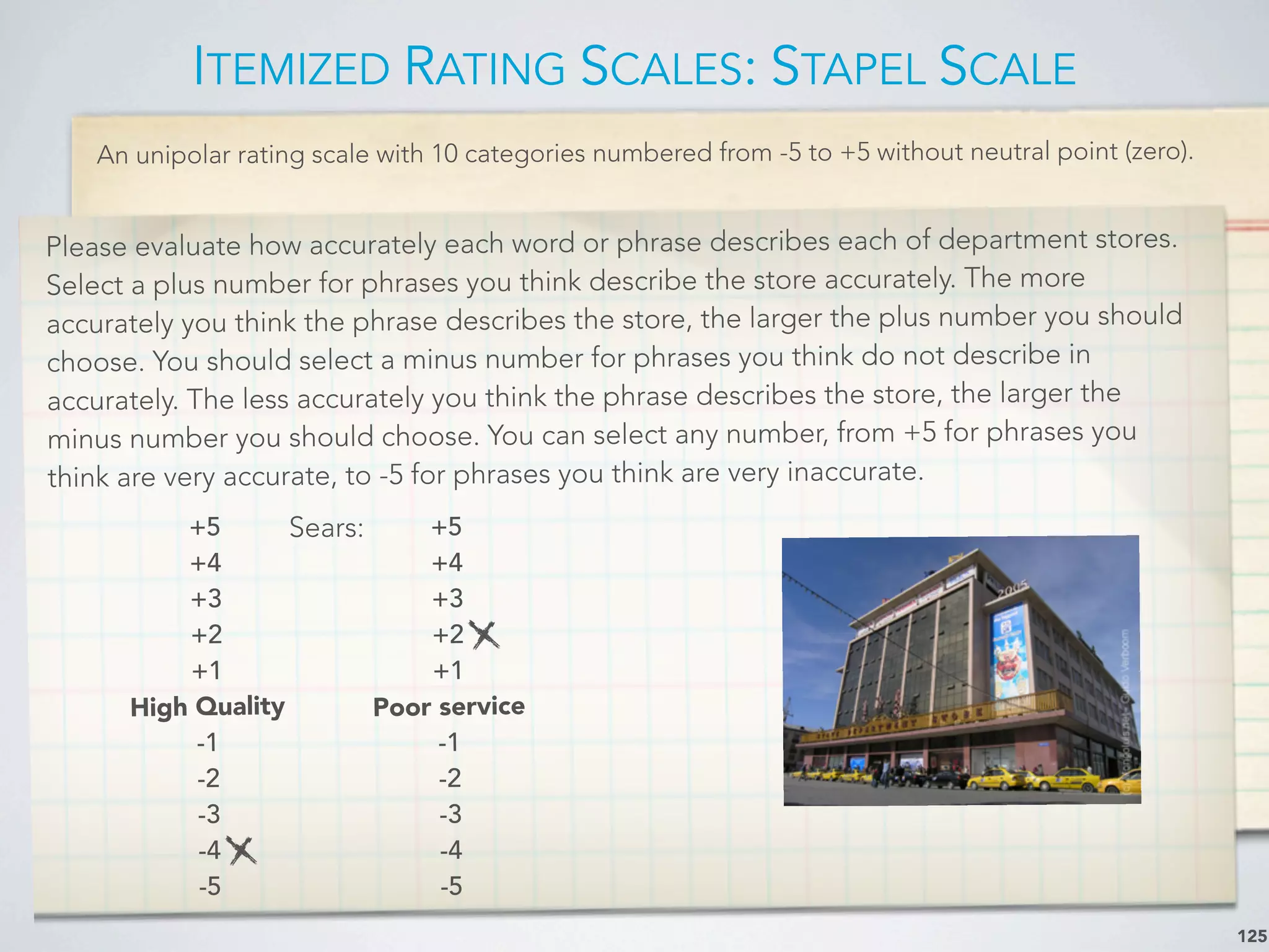 An unipolar rating scale with 10 categories numbered from -5 to +5 without neutral point (zero).
ITEMIZED RATING SCALES: STAPEL SCALE
125
Please evaluate how accurately each word or phrase describes each of department stores.
Select a plus number for phrases you think describe the store accurately. The more
accurately you think the phrase describes the store, the larger the plus number you should
choose. You should select a minus number for phrases you think do not describe in
accurately. The less accurately you think the phrase describes the store, the larger the
minus number you should choose. You can select any number, from +5 for phrases you
think are very accurate, to -5 for phrases you think are very inaccurate.
Sears:+5
+4
+3
+2
+1
High Quality
-1
-2
-3
-4
-5
+5
+4
+3
+2
+1
Poor service
-1
-2
-3
-4
-5
 