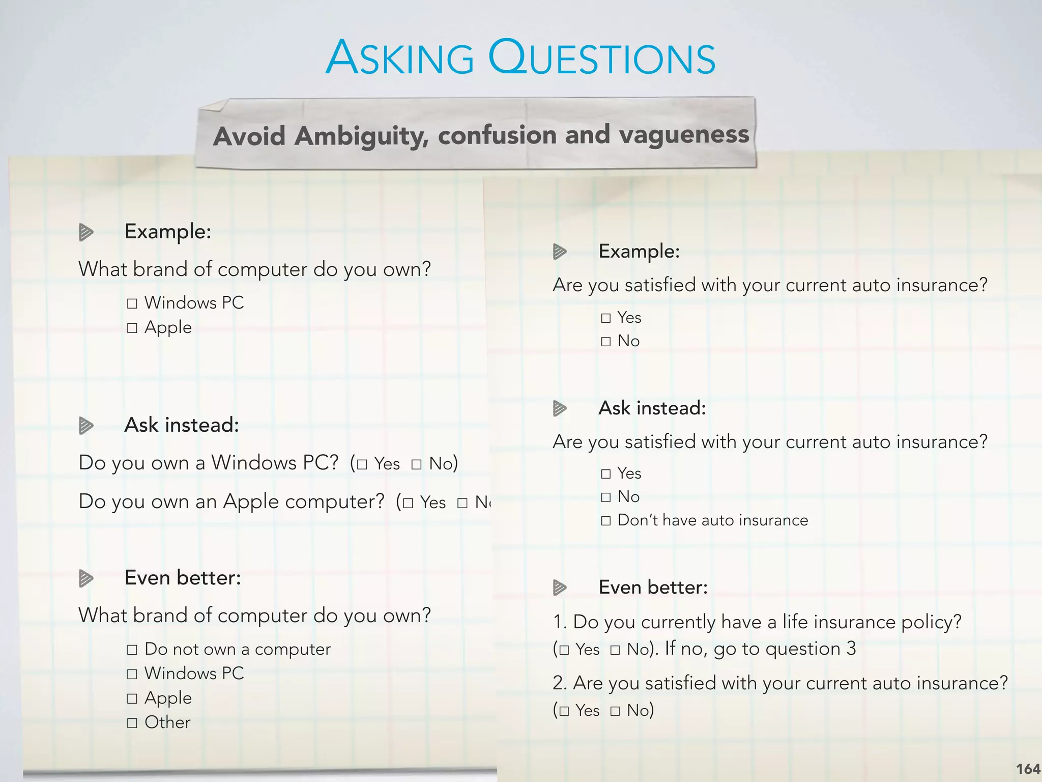 Example:
What brand of computer do you own?

 ☐ Windows PC

 ☐ Apple
Ask instead:
Do you own a Windows PC? (☐ Yes ☐ No)
Do you own an Apple computer? (☐ Yes ☐ No)
Even better:
What brand of computer do you own?

 ☐ Do not own a computer

 ☐ Windows PC

 ☐ Apple

 ☐ Other
Avoid Ambiguity, confusion and vagueness
Example:
Are you satisfied with your current auto insurance?

 ☐ Yes

 ☐ No
Ask instead:
Are you satisfied with your current auto insurance?

 ☐ Yes

 ☐ No

 ☐ Don’t have auto insurance
Even better:
1. Do you currently have a life insurance policy?
(☐ Yes ☐ No). If no, go to question 3
2. Are you satisfied with your current auto insurance?
(☐ Yes ☐ No)
ASKING QUESTIONS
164
 