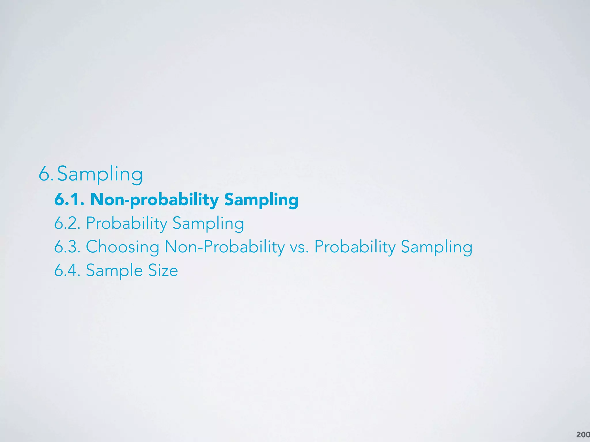 200
6.Sampling
6.1. Non-probability Sampling
6.2. Probability Sampling
6.3. Choosing Non-Probability vs. Probability Sampling
6.4. Sample Size
 