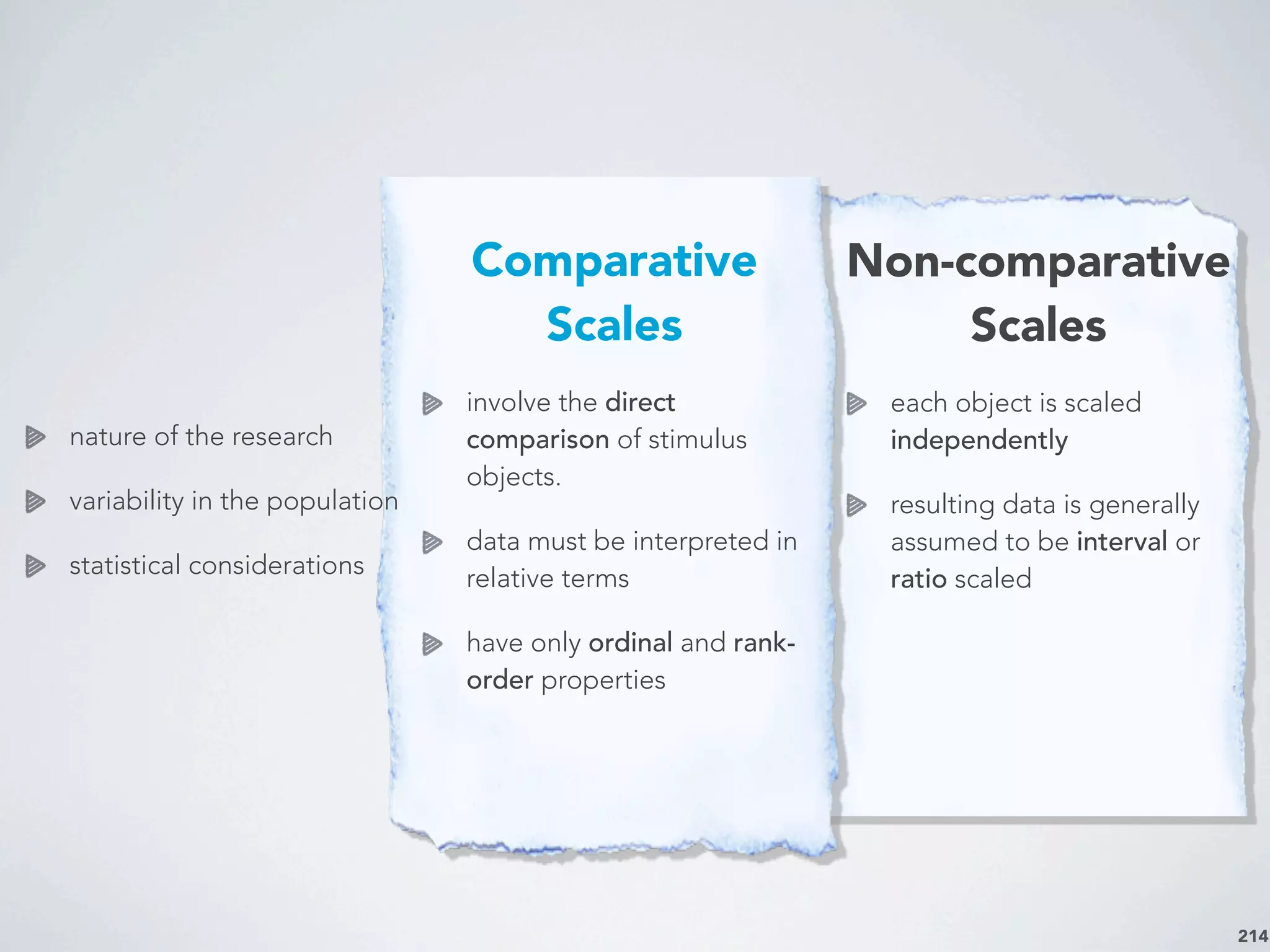 214
Non-comparative
Scales
each object is scaled
independently
resulting data is generally
assumed to be interval or
ratio scaled
Comparative
Scales
involve the direct
comparison of stimulus
objects.
data must be interpreted in
relative terms
have only ordinal and rank-
order properties
nature of the research
variability in the population
statistical considerations
 