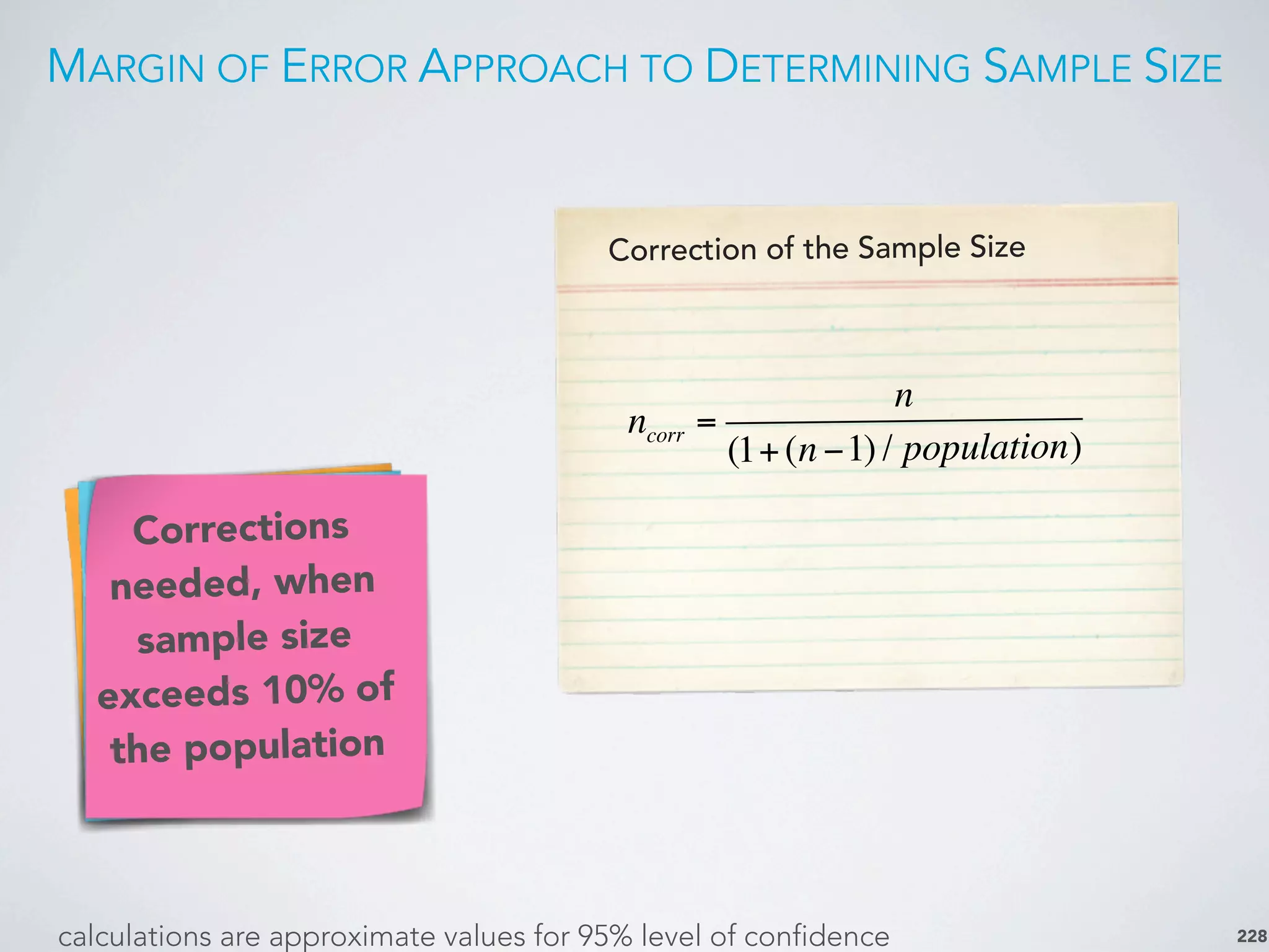 MARGIN OF ERROR APPROACH TO DETERMINING SAMPLE SIZE
228
What is your
primary daily
media
channel?
calculations are approximate values for 95% level of confidence
Correction of the Sample Size
ncorr =
n
(1+(n −1) / population)
Corrections
needed, when
sample size
exceeds 10% of
the population
 