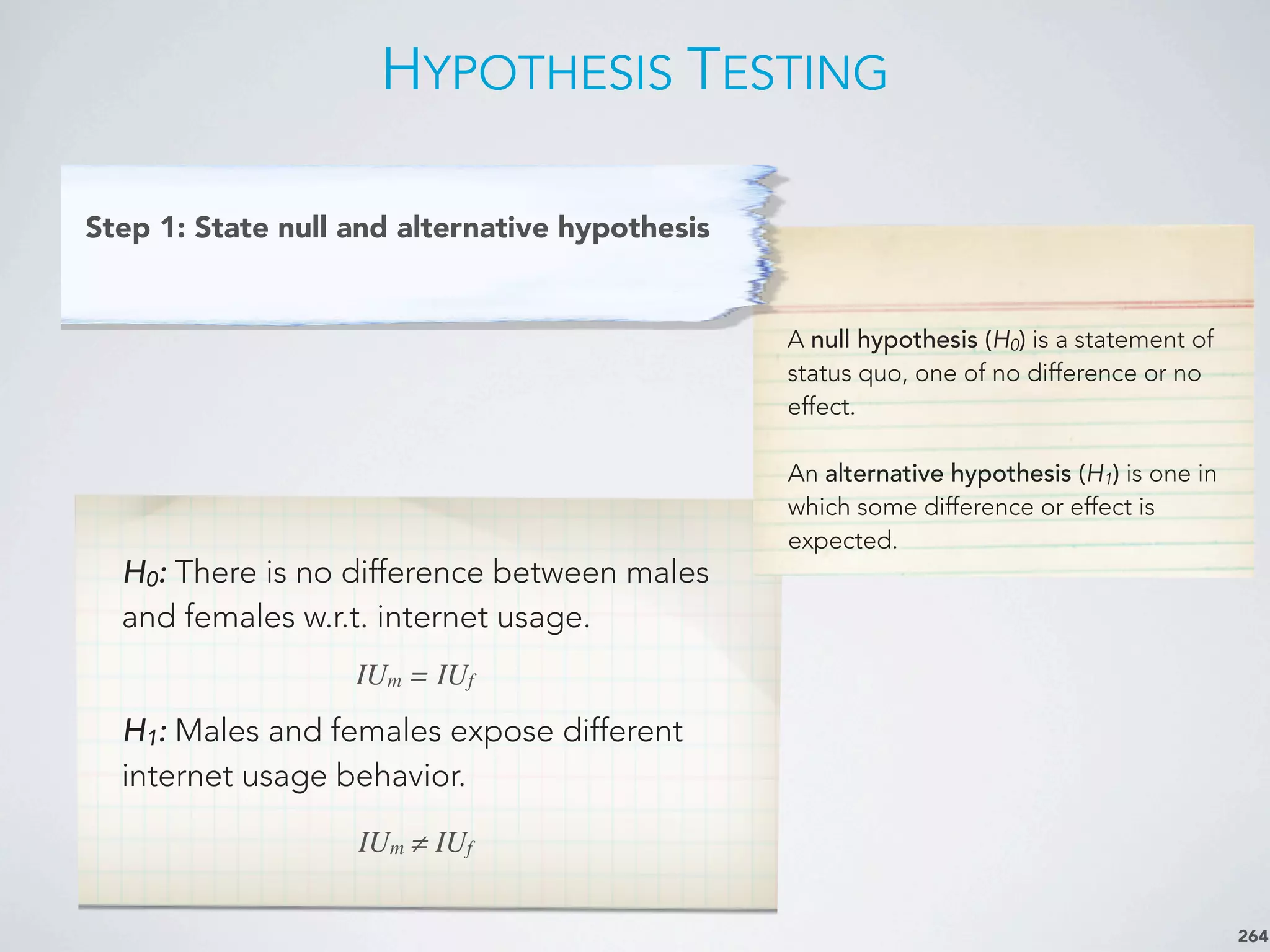 A null hypothesis (H0) is a statement of
status quo, one of no difference or no
effect.
An alternative hypothesis (H1) is one in
which some difference or effect is
expected.
HYPOTHESIS TESTING
264
Step 1: State null and alternative hypothesis
H0: There is no difference between males
and females w.r.t. internet usage.
H1: Males and females expose different
internet usage behavior.
IUm = IUf
IUm ≠ IUf
 