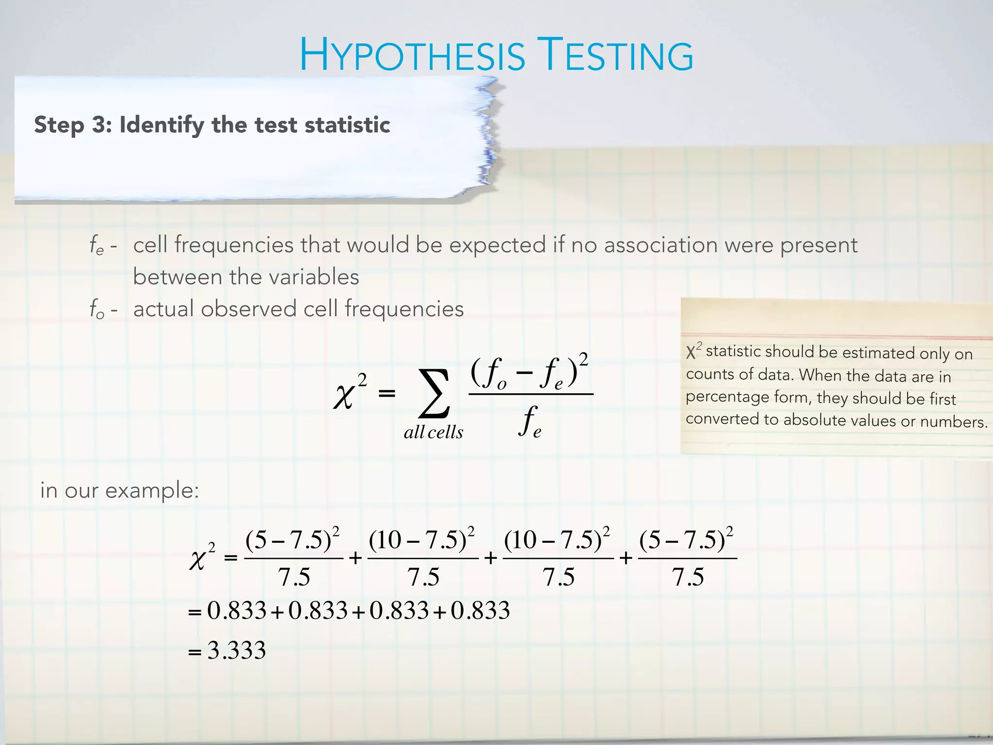 HYPOTHESIS TESTING
271
Step 3: Identify the test statistic
fe - 
 cell frequencies that would be expected if no association were present

 between the variables
fo - actual observed cell frequencies
χ2
=
( fo − fe )2
feallcells
∑
χ2
=
(5− 7.5)2
7.5
+
(10 − 7.5)2
7.5
+
(10 − 7.5)2
7.5
+
(5− 7.5)2
7.5
= 0.833+ 0.833+ 0.833+ 0.833
= 3.333
in our example:
χ2
statistic should be estimated only on
counts of data. When the data are in
percentage form, they should be first
converted to absolute values or numbers.
 