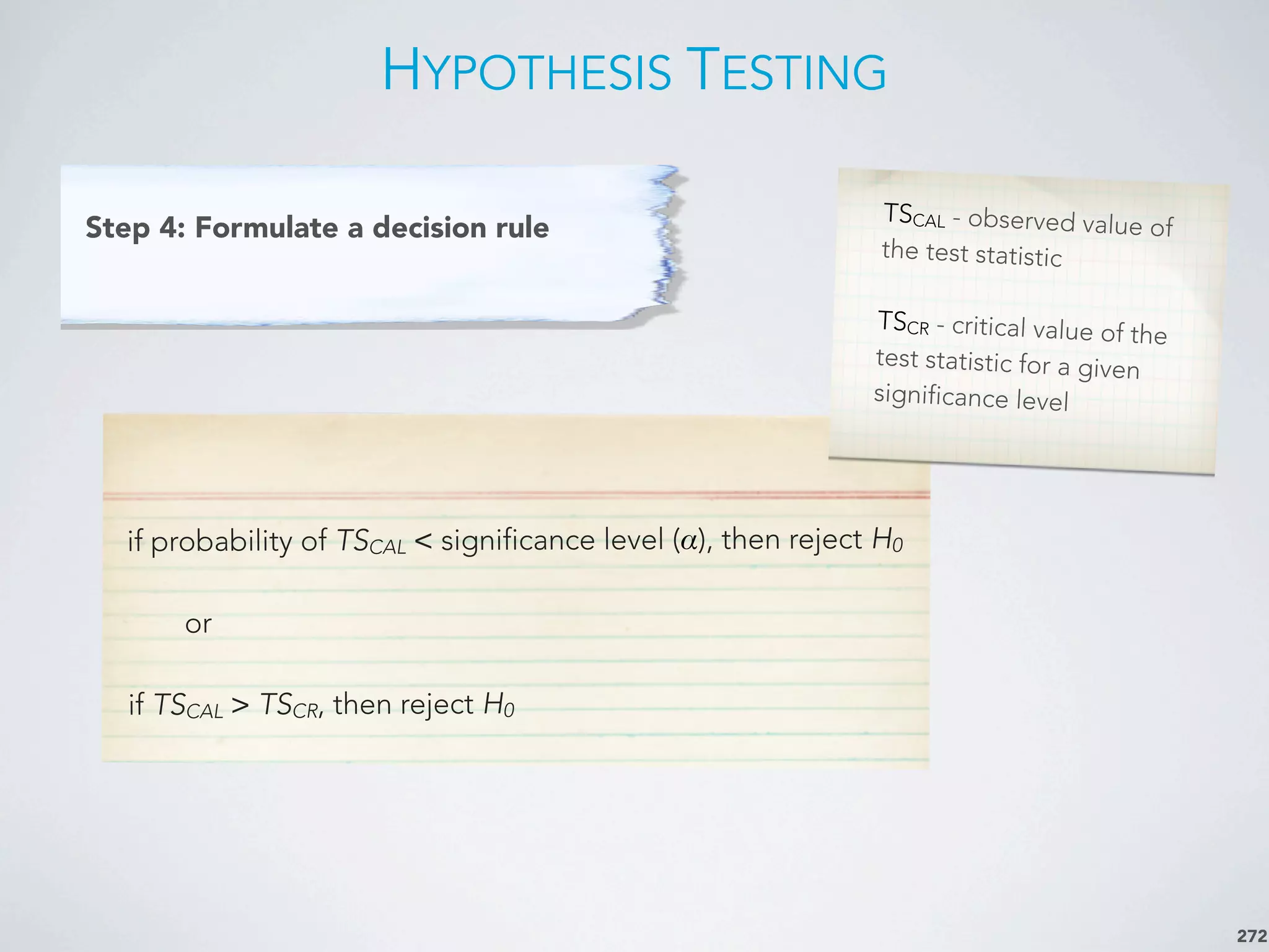 if probability of TSCAL < significance level (α), then reject H0
or
if TSCAL > TSCR, then reject H0
HYPOTHESIS TESTING
272
Step 4: Formulate a decision rule
TSCAL - observed value of
the test statistic
TSCR - critical value of the
test statistic for a given
significance level
 