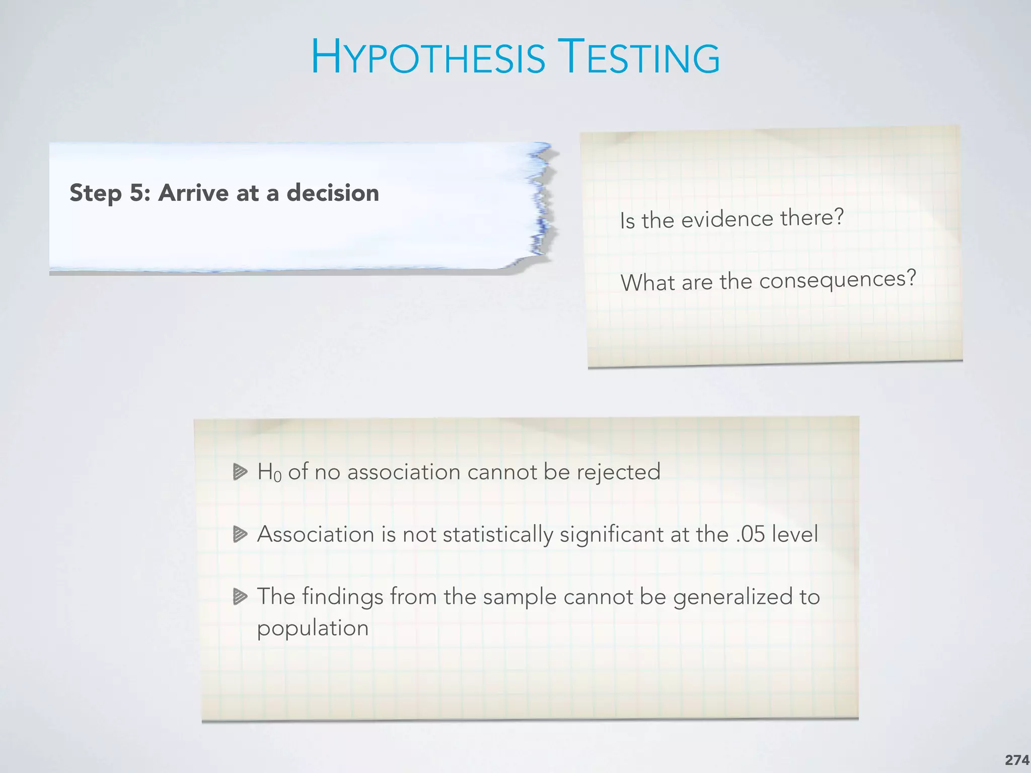 HYPOTHESIS TESTING
274
Step 5: Arrive at a decision
Is the evidence there?
What are the consequences?
H0 of no association cannot be rejected
Association is not statistically significant at the .05 level
The findings from the sample cannot be generalized to
population
 