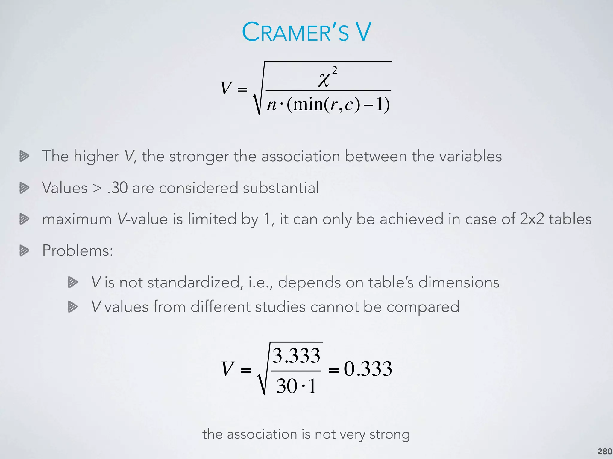 CRAMER’S V
The higher V, the stronger the association between the variables
Values > .30 are considered substantial
maximum V-value is limited by 1, it can only be achieved in case of 2x2 tables
Problems:
V is not standardized, i.e., depends on table’s dimensions
V values from different studies cannot be compared
280
the association is not very strong
V =
χ2
n⋅(min(r,c)−1)
V =
3.333
30⋅1
= 0.333
 