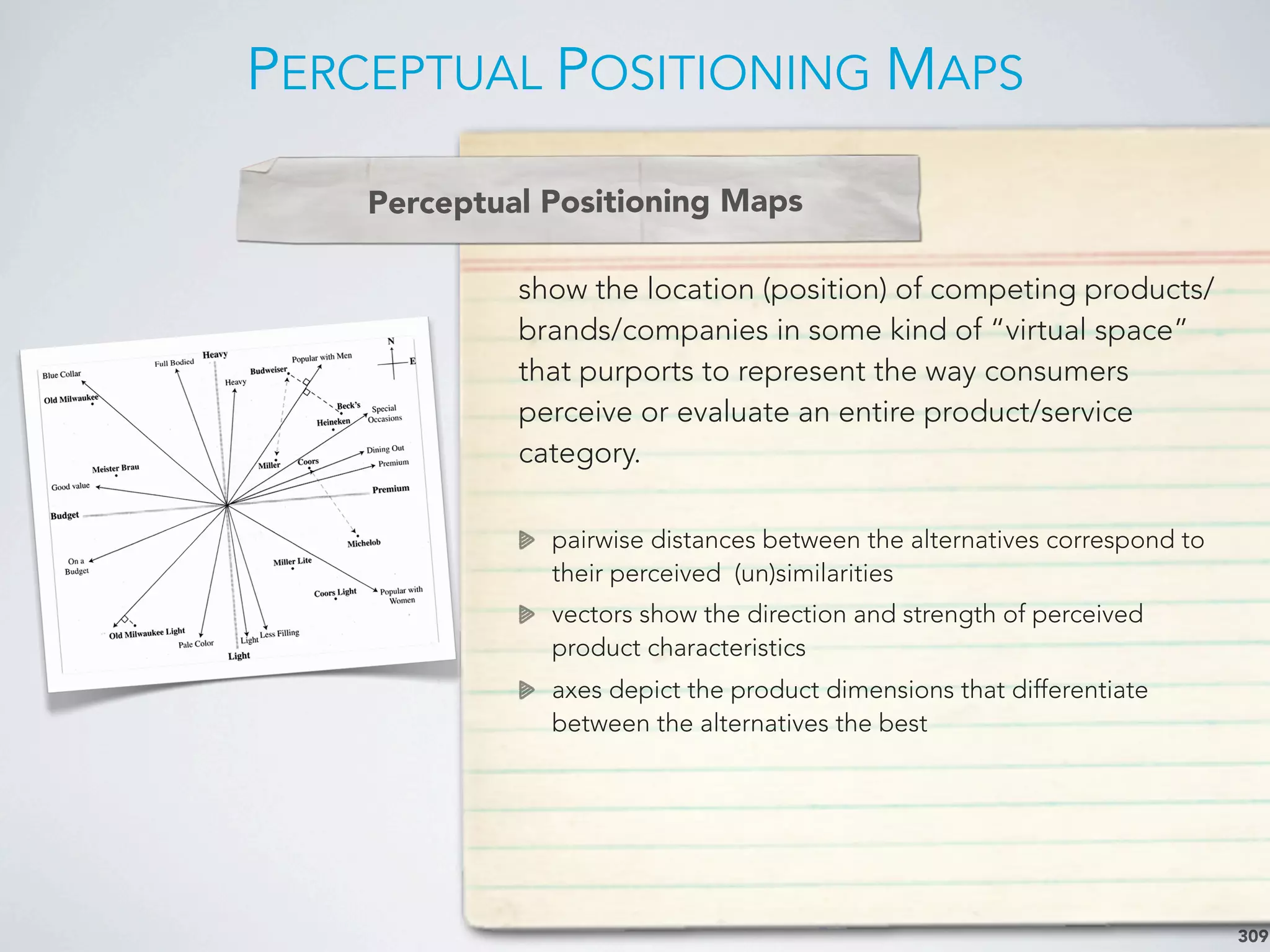 PERCEPTUAL POSITIONING MAPS
309
show the location (position) of competing products/
brands/companies in some kind of “virtual space”
that purports to represent the way consumers
perceive or evaluate an entire product/service
category.
pairwise distances between the alternatives correspond to
their perceived (un)similarities
vectors show the direction and strength of perceived
product characteristics
axes depict the product dimensions that differentiate
between the alternatives the best
Perceptual Positioning Maps
 