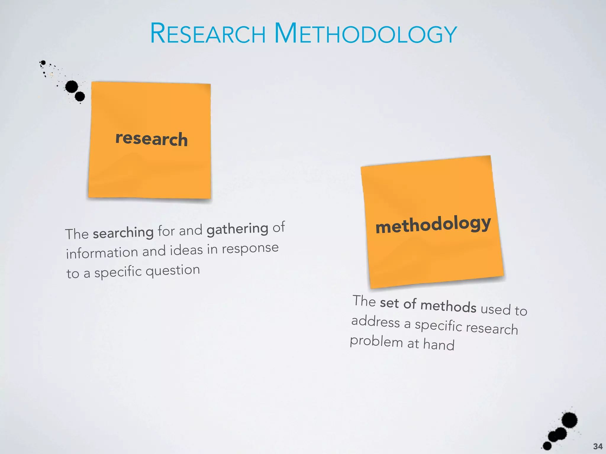RESEARCH METHODOLOGY
34
research
methodology
The searching for and gathering of
information and ideas in response
to a specific question
The set of methods used to
address a specific research
problem at hand
 