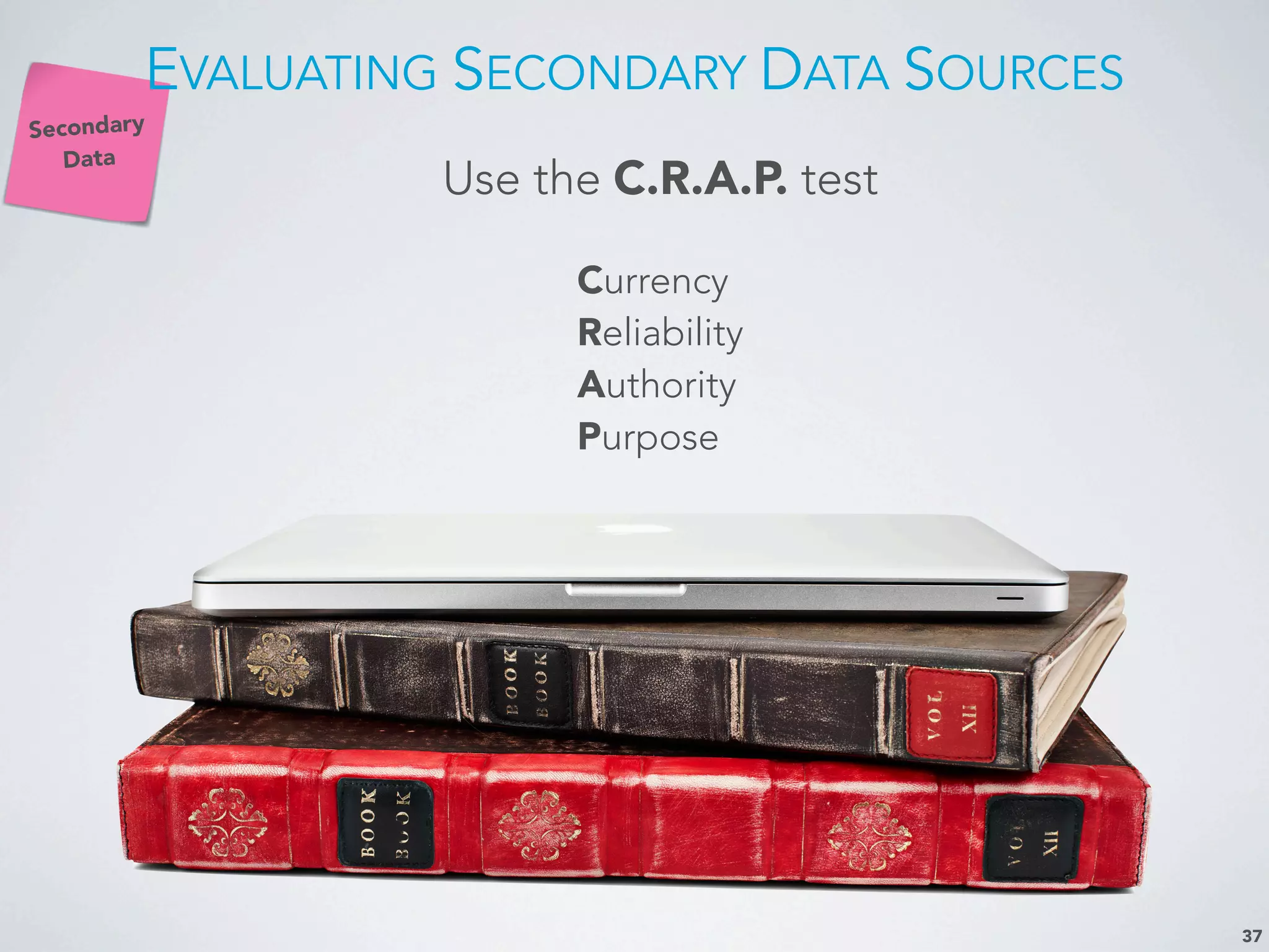 Secondary
Data
EVALUATING SECONDARY DATA SOURCES
37
Use the C.R.A.P. test
Currency
Reliability
Authority
Purpose
 