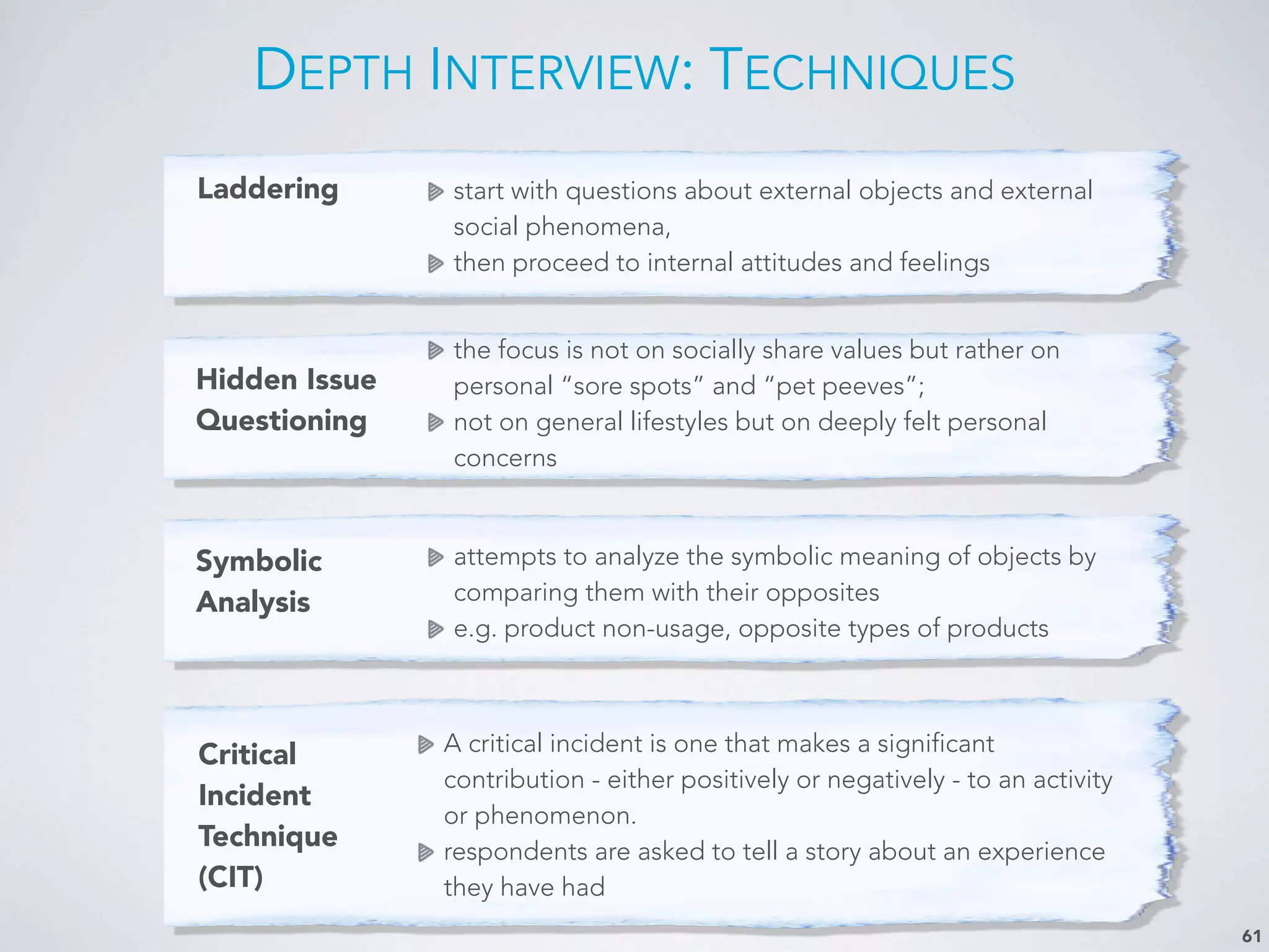 DEPTH INTERVIEW: TECHNIQUES
61
Laddering start with questions about external objects and external
social phenomena,
then proceed to internal attitudes and feelings
Critical
Incident
Technique
(CIT)
A critical incident is one that makes a significant
contribution - either positively or negatively - to an activity
or phenomenon.
respondents are asked to tell a story about an experience
they have had
Symbolic
Analysis
attempts to analyze the symbolic meaning of objects by
comparing them with their opposites
e.g. product non-usage, opposite types of products
Hidden Issue
Questioning
the focus is not on socially share values but rather on
personal “sore spots” and “pet peeves”;
not on general lifestyles but on deeply felt personal
concerns
 