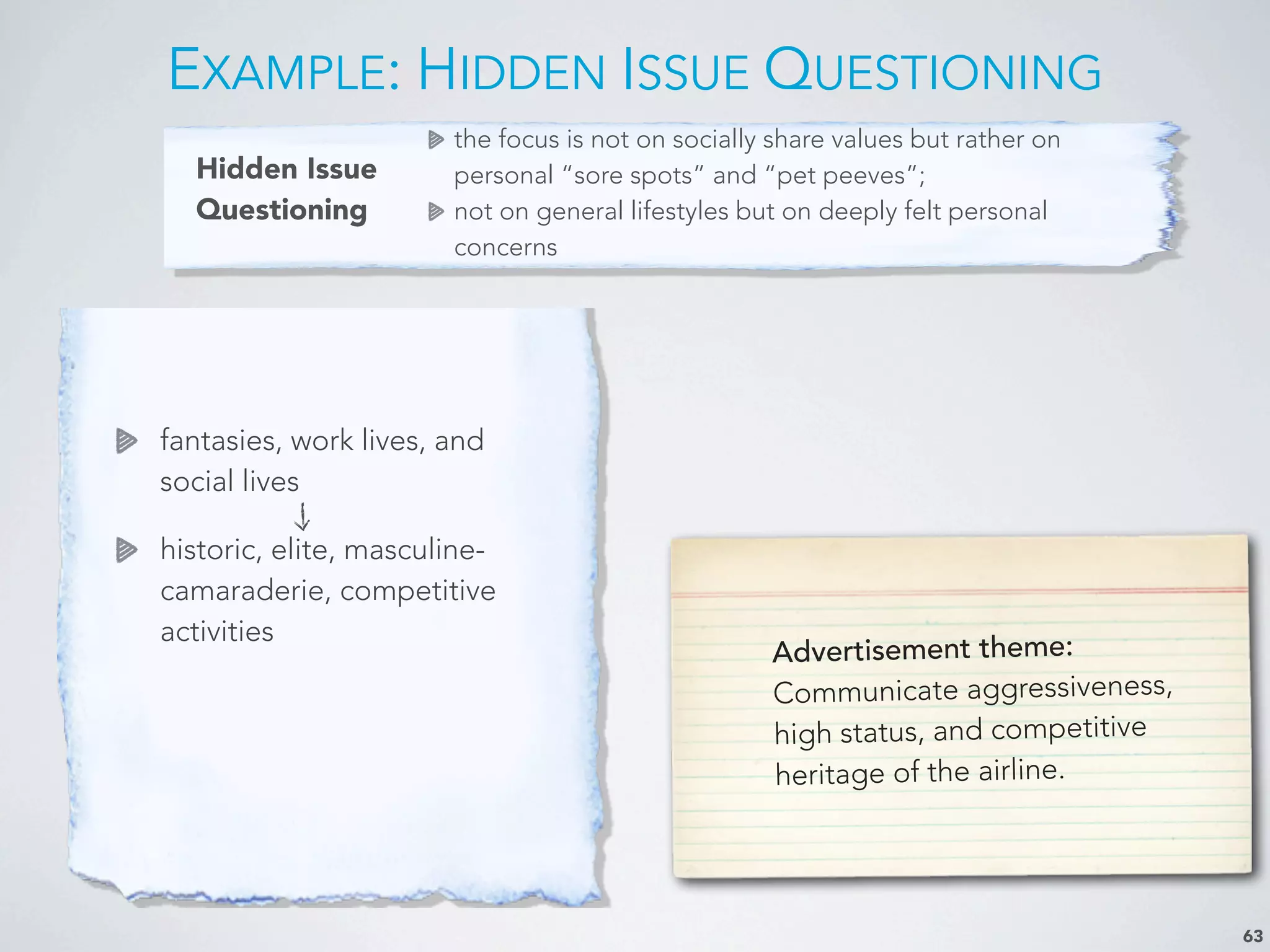 Hidden Issue
Questioning
the focus is not on socially share values but rather on
personal “sore spots” and “pet peeves”;
not on general lifestyles but on deeply felt personal
concerns
EXAMPLE: HIDDEN ISSUE QUESTIONING
63
fantasies, work lives, and
social lives
historic, elite, masculine-
camaraderie, competitive
activities
Advertisement theme:
Communicate aggressiveness,
high status, and competitive
heritage of the airline.
 