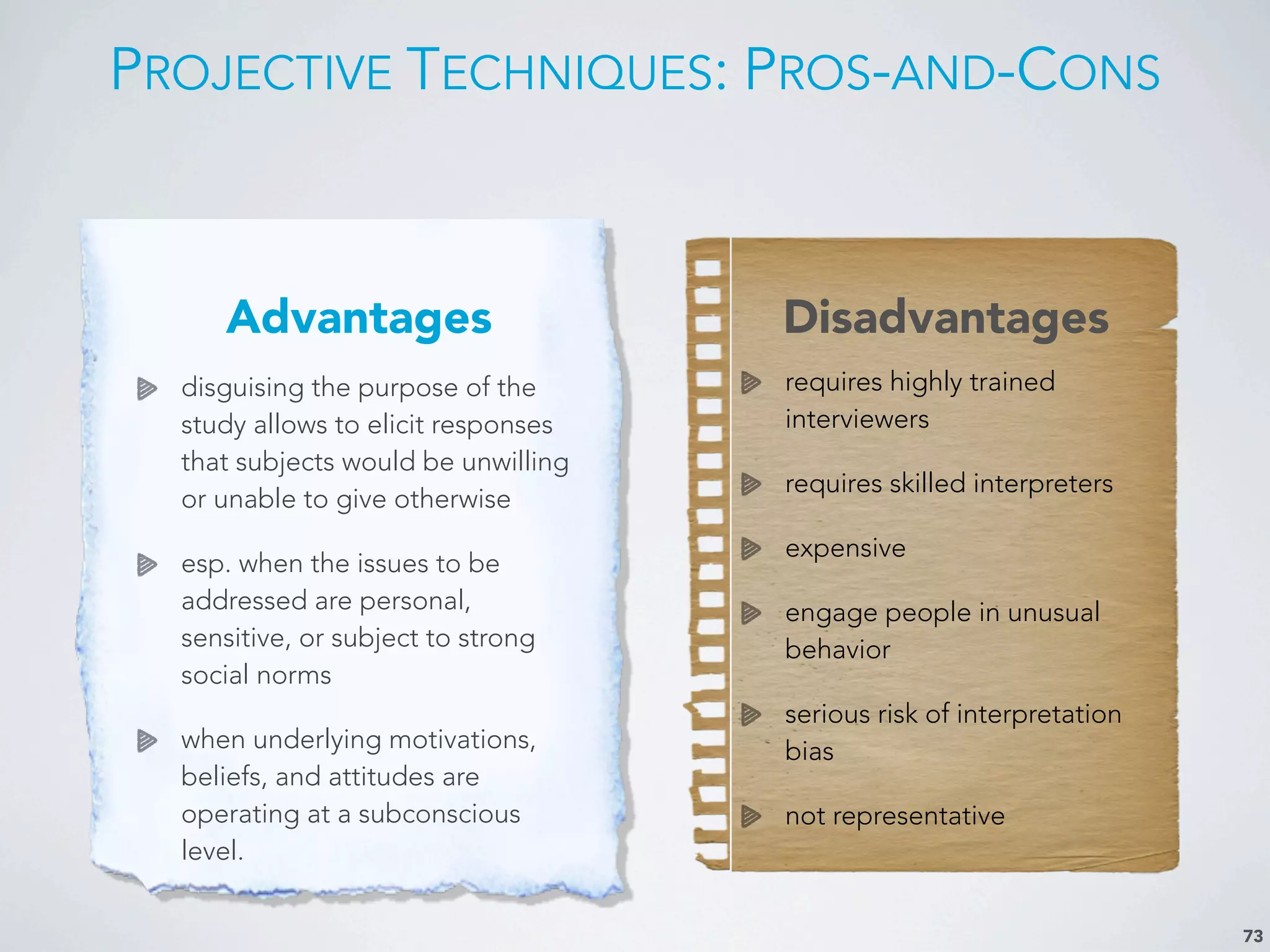 PROJECTIVE TECHNIQUES: PROS-AND-CONS
73
Advantages Disadvantages
disguising the purpose of the
study allows to elicit responses
that subjects would be unwilling
or unable to give otherwise
esp. when the issues to be
addressed are personal,
sensitive, or subject to strong
social norms
when underlying motivations,
beliefs, and attitudes are
operating at a subconscious
level.
requires highly trained
interviewers
requires skilled interpreters
expensive
engage people in unusual
behavior
serious risk of interpretation
bias
not representative
 