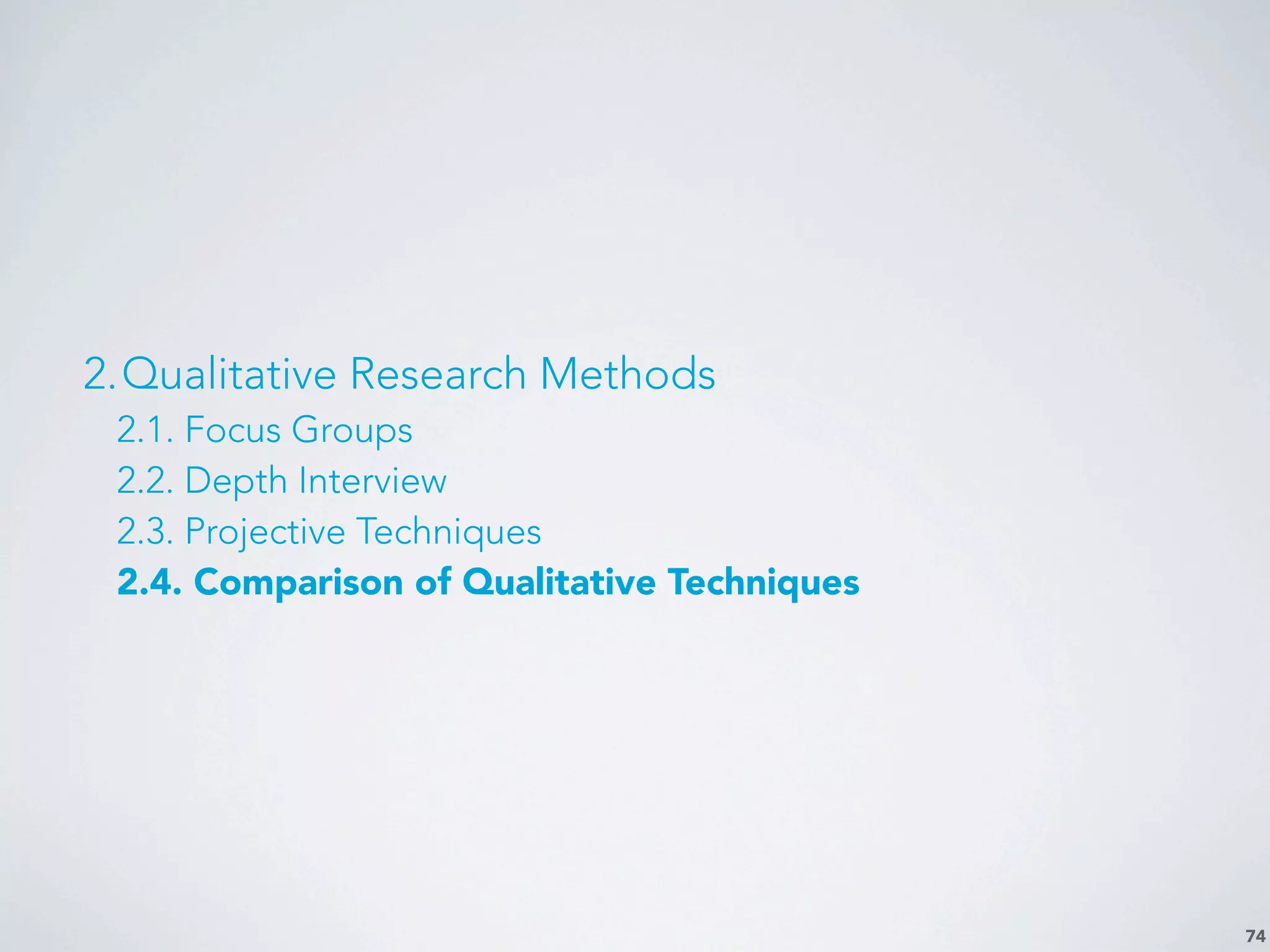 74
2.Qualitative Research Methods
2.1. Focus Groups
2.2. Depth Interview
2.3. Projective Techniques
2.4. Comparison of Qualitative Techniques
 
