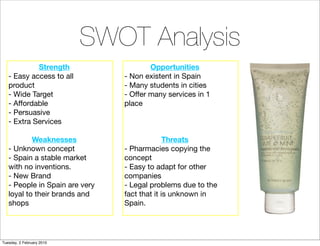 SWOT Analysis
            Strength                    Opportunities
   - Easy access to all         - Non existent in Spain
   product                      - Many students in cities
   - Wide Target                - Offer many services in 1
   - Affordable                 place
   - Persuasive
   - Extra Services

           Weaknesses                         Threats
   - Unknown concept            - Pharmacies copying the
   - Spain a stable market      concept
   with no inventions.          - Easy to adapt for other
   - New Brand                  companies
   - People in Spain are very   - Legal problems due to the
   loyal to their brands and    fact that it is unknown in
   shops                        Spain.




Tuesday, 2 February 2010
 