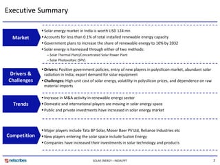 Executive Summary

               Solar energy market in India is worth USD 124 mn
  Market       Accounts for less than...
