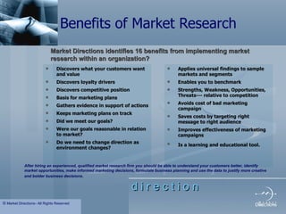 Benefits of Market Research Discovers what your customers want and value Discovers loyalty drivers Discovers competitive position Basis for marketing plans Gathers evidence in support of actions Keeps marketing plans on track Did we meet our goals? Were our goals reasonable in relation to market? Do we need to change direction as environment changes? Applies universal findings to sample markets and segments Enables you to benchmark Strengths, Weakness, Opportunities, Threats--- relative to competition Avoids cost of bad marketing campaign Saves costs by targeting right message to right audience Improves effectiveness of marketing campaigns Is a learning and educational tool.   After hiring an experienced, qualified market research firm you should be able to understand your customers better, identify market opportunities, make informed marketing decisions, formulate business planning and use the data to justify more creative and bolder business decisions .  Market Directions identifies 16 benefits from implementing market research within an organization?  ©  Market Directions– All Rights Reserved 