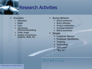 Research Activities Promotion Motivation Media Copy Advertising effectiveness/testing Public image Studies of premiums, coupons, deals, etc. Buying Behavior Brand preference Brand attitudes Product satisfaction Purchase behavior Brand awareness People Customer Service Employee Satisfaction Training Technology Skill Level “ Buy In” 