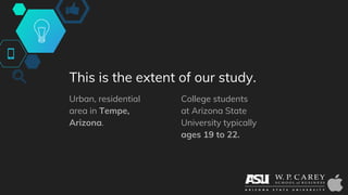This is the extent of our study.
Urban, residential
area in Tempe,
Arizona.
College students
at Arizona State
University typically
ages 19 to 22.
 