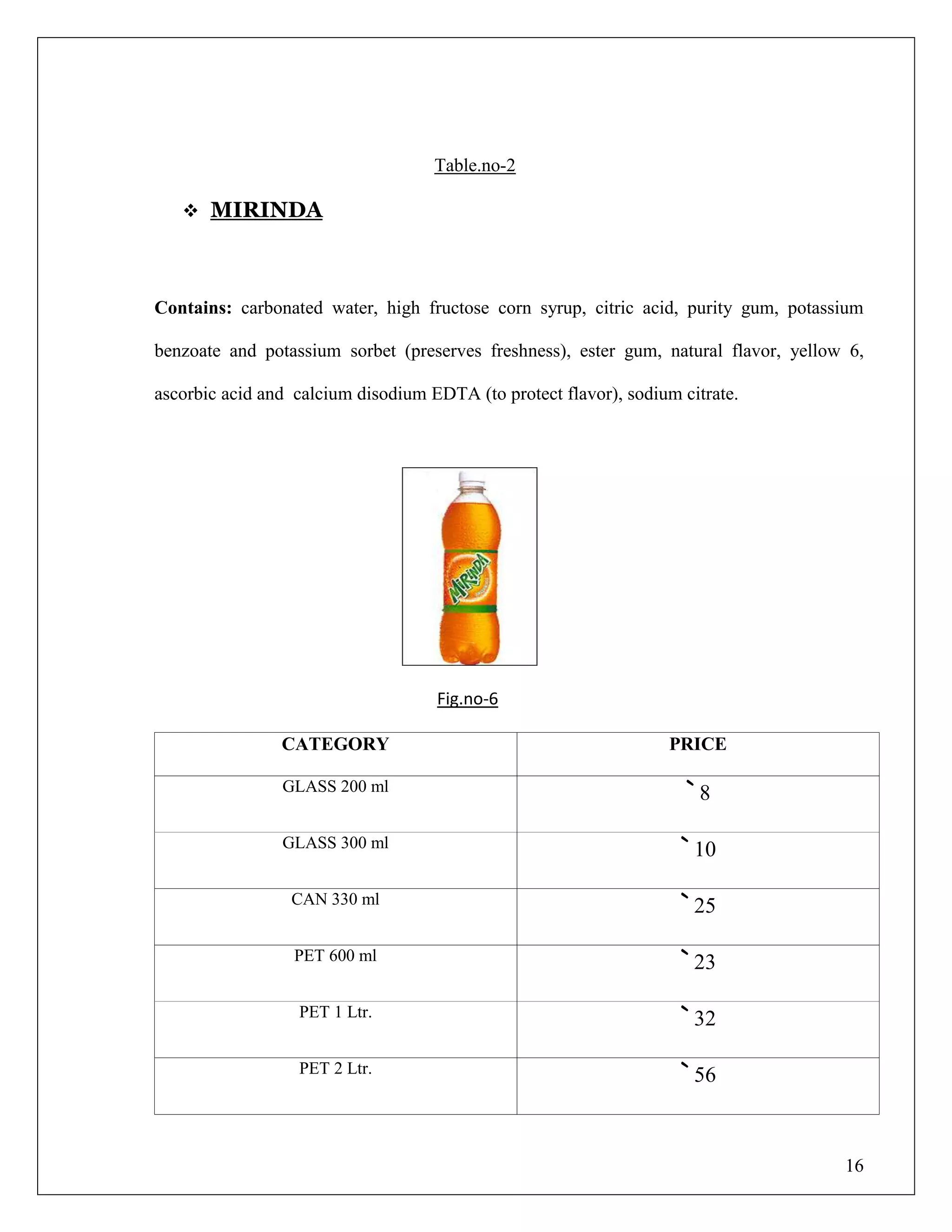 16
Table.no-2
 MIRINDA
Contains: carbonated water, high fructose corn syrup, citric acid, purity gum, potassium
benzoate and potassium sorbet (preserves freshness), ester gum, natural flavor, yellow 6,
ascorbic acid and calcium disodium EDTA (to protect flavor), sodium citrate.
Fig.no-6
CATEGORY PRICE
GLASS 200 ml ` 8
GLASS 300 ml ` 10
CAN 330 ml ` 25
PET 600 ml ` 23
PET 1 Ltr. ` 32
PET 2 Ltr. ` 56
 
