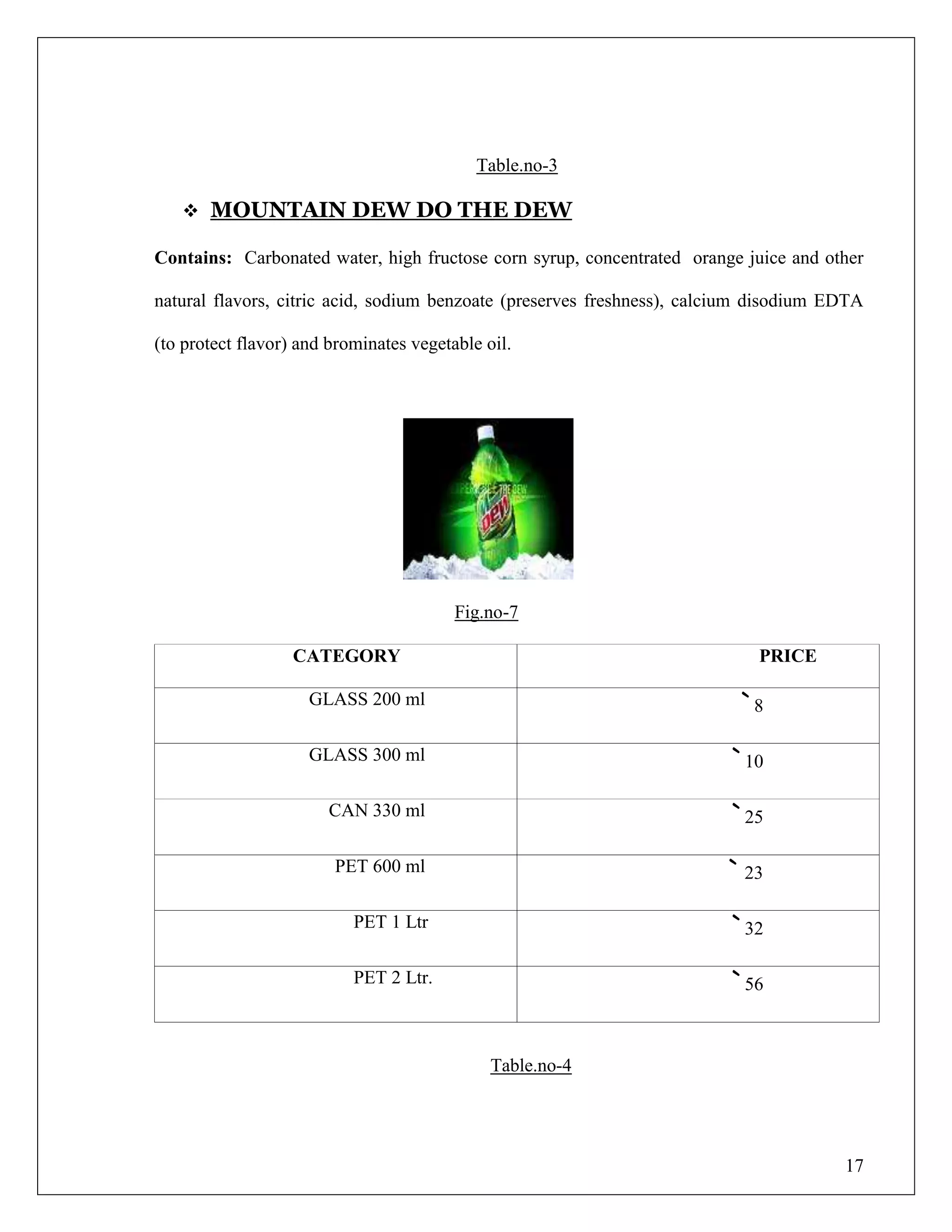 17
Table.no-3
 MOUNTAIN DEW DO THE DEW
Contains: Carbonated water, high fructose corn syrup, concentrated orange juice and other
natural flavors, citric acid, sodium benzoate (preserves freshness), calcium disodium EDTA
(to protect flavor) and brominates vegetable oil.
Fig.no-7
CATEGORY PRICE
GLASS 200 ml ` 8
GLASS 300 ml ` 10
CAN 330 ml ` 25
PET 600 ml ` 23
PET 1 Ltr ` 32
PET 2 Ltr. ` 56
Table.no-4
 