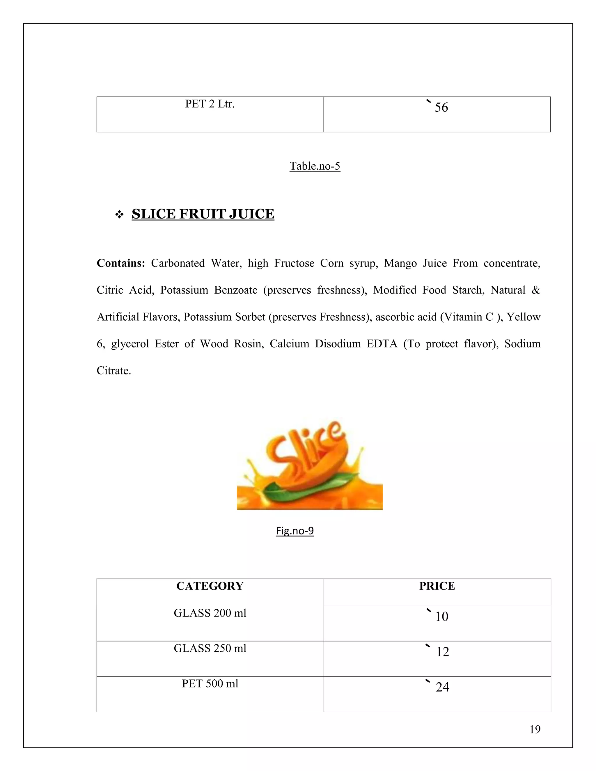 19
PET 2 Ltr. ` 56
Table.no-5
 SLICE FRUIT JUICE
Contains: Carbonated Water, high Fructose Corn syrup, Mango Juice From concentrate,
Citric Acid, Potassium Benzoate (preserves freshness), Modified Food Starch, Natural &
Artificial Flavors, Potassium Sorbet (preserves Freshness), ascorbic acid (Vitamin C ), Yellow
6, glycerol Ester of Wood Rosin, Calcium Disodium EDTA (To protect flavor), Sodium
Citrate.
Fig.no-9
CATEGORY PRICE
GLASS 200 ml ` 10
GLASS 250 ml ` 12
PET 500 ml ` 24
 
