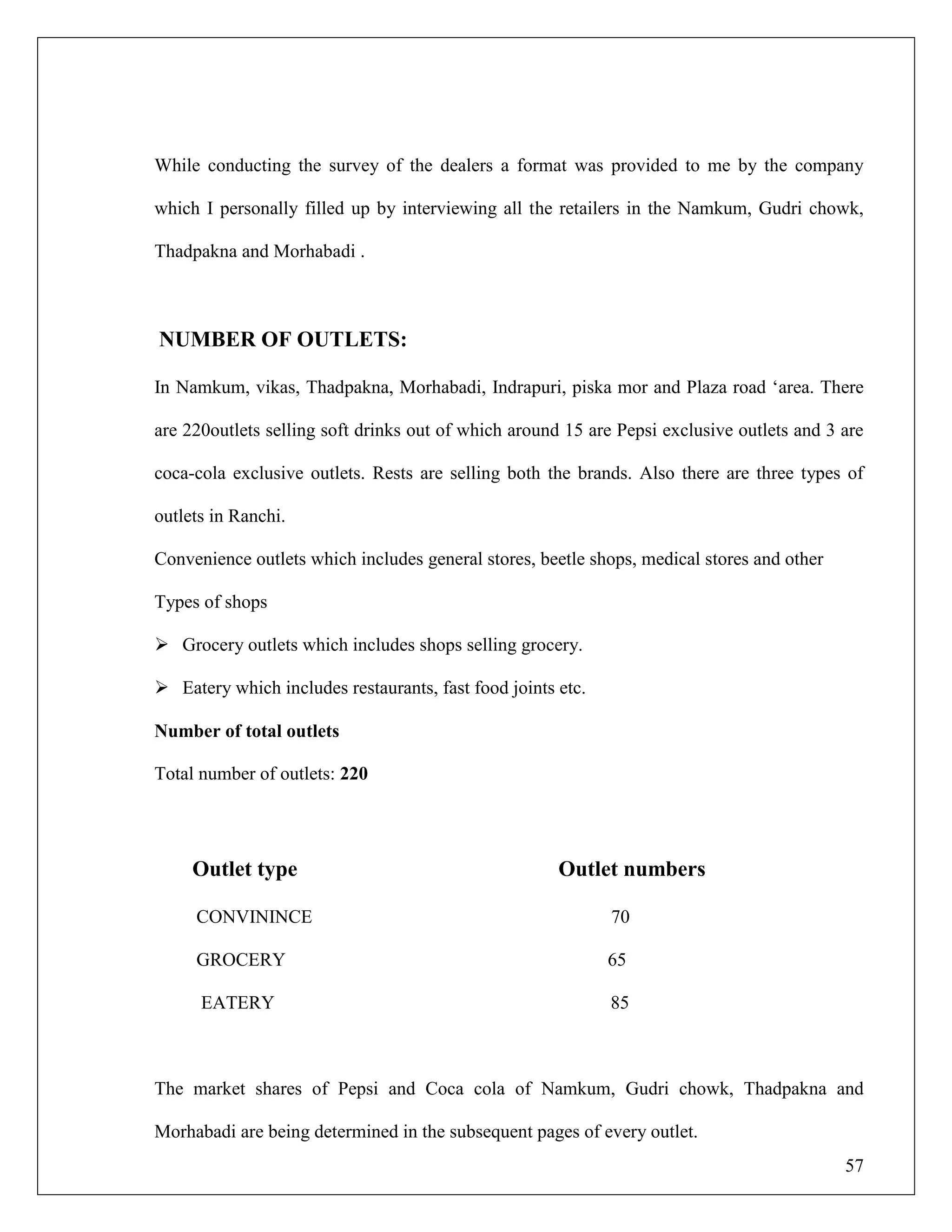 57
While conducting the survey of the dealers a format was provided to me by the company
which I personally filled up by interviewing all the retailers in the Namkum, Gudri chowk,
Thadpakna and Morhabadi .
NUMBER OF OUTLETS:
In Namkum, vikas, Thadpakna, Morhabadi, Indrapuri, piska mor and Plaza road „area. There
are 220outlets selling soft drinks out of which around 15 are Pepsi exclusive outlets and 3 are
coca-cola exclusive outlets. Rests are selling both the brands. Also there are three types of
outlets in Ranchi.
Convenience outlets which includes general stores, beetle shops, medical stores and other
Types of shops
 Grocery outlets which includes shops selling grocery.
 Eatery which includes restaurants, fast food joints etc.
Number of total outlets
Total number of outlets: 220
Outlet type Outlet numbers
CONVININCE 70
GROCERY 65
EATERY 85
The market shares of Pepsi and Coca cola of Namkum, Gudri chowk, Thadpakna and
Morhabadi are being determined in the subsequent pages of every outlet.
 