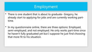 Employment
• There is one student that is about to graduate- Gregory, he
already start to applying for jobs and are currently working part-
time.
• In my questionnaire online, there are three options: Employed,
semi-employed, and not employed. He only works part-time since
he haven't fully graduated yet but I suppose he just find choosing
that more fit to his situation.
 