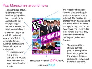 Pop Magazines around now;
   The anchorage around                                   The magazine title again
   the front cover all                                    involves pink, which again
   involves gossip about                                  gives the magazine a very
   bands or solo artists                                  girly feel. The font is a bit
   appealing to the                                       sharper which makes it stand
   younger target                                         out more, it has a lot more
   audience who would                                     teenage/ young men on the
   want to read about it.                                 front cover. This means it is
The freebies they offer                                   aimed more at girls as they
are all 10 posters of                                     would be interested in
male artists. This is                                     reading about the boys
aimed at a female                                         features.
audience as this is who
                                                              The main article is
they would want to
                                                              about a current
read about
                                                              popular teenage boy
    This magazine also
                                                              band, this appeals to
    incorporates
                                                              the younger teenage
    fashion, this appeals
                                                              audience as they could
    to an audience who                         pink, black,
                            The colour scheme is              be fans of the band.
    want more than just
    music.                          white and blue
 