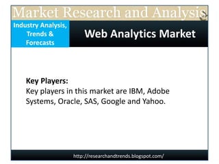 http://researchandtrends.blogspot.com/
Key Players:
Key players in this market are IBM, Adobe
Systems, Oracle, SAS, Google and Yahoo.
Web Analytics Market
Industry Analysis,
Trends &
Forecasts
 