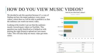 HOW DO YOU VIEW MUSIC VIDEOS?
We decided to ask this question because it’s a way of
finding out how the target audience views music
videos, where then we will be able to publish it so that
the audience can watch our music video.
Looking at the results I can see that the audience
mostly viewed music videos on YouTube. This
question was really beneficial as it helped us with
picking the right format to upload our own music
video. This will also help our music video get more
views.
 