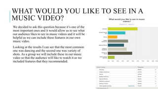 WHAT WOULD YOU LIKE TO SEE IN A
MUSIC VIDEO?
We decided to ask this question because it’s one of the
most important ones and it would allow us to see what
our audience likes to see in music videos and it will be
helpful as we can include these features in our own
music video.
Looking at the results I can see that the most common
one was dancing and the second one was variety of
shots. As a group we will include these in our music
video so that the audience will like to watch it as we
included features that they recommended.
 