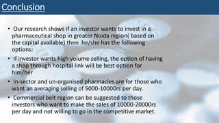 Conclusion
• Our research shows if an investor wants to invest in a
pharmaceutical shop in greater Noida region( based on
the capital available) then he/she has the following
options:
• If investor wants high volume selling, the option of having
a shop through hospital link will be best option for
him/her
• In-sector and un-organised pharmacies are for those who
want an averaging selling of 5000-10000rs per day.
• Commercial belt region can be suggested to those
investors who want to make the sales of 10000-20000rs
per day and not willing to go in the competitive market.
 