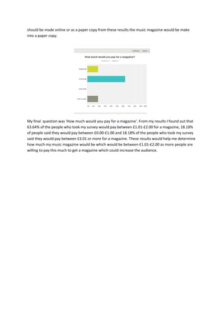 should be made online or as a paper copy from these results the music magazine would be make
into a paper copy.
My final question was 'How much would you pay for a magazine'. From my results I found out that
63.64% of the people who took my survey would pay between £1.01-£2.00 for a magazine, 18.18%
of people said they would pay between £0.00-£1.00 and 18.18% of the people who took my survey
said they would pay between £3.01 or more for a magazine. These results would help me determine
how much my music magazine would be which would be between £1.01-£2.00 as more people are
willing to pay this much to get a magazine which could increase the audience.
 