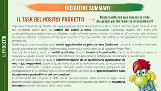 2
AUDITESTERNOILPROGETTO
EXECUTIVE SUMMARY
settore dei parchi a tema
analisi approfondita sul parco a tema Gardaland
analisi qualitativa interviste in profondità
Come Gardaland può vincere la sﬁda
dei grandi parchi tematici internazionali?
somministrazione di un questionario quantitativo via
web 530 respondent
rappresentazione della
situazione dal punto di vista del consumatore
traiettoria
strategica
IL TASK DEL NOSTRO PROGETTO
 