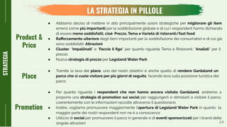 24
LA STRATEGIA IN PILLOLE
STRATEGIA
● Abbiamo deciso di mettere in atto principalmente azioni strategiche per migliorare gli item
emersi come più importanti per la soddisfazione globale e di cui i respondent hanno dichiarato
di essere meno soddisfatti, cioè: Prezzo, Tema e Varietà di ristoranti/fast food
● Raﬀorzamento ulteriore degli item importanti per la soddisfazione dei consumatori e di cui già
sono soddisfatti: Attrazioni
● Cluster: “Impallinati” e “Faccio il ﬁgo” per quanto riguarda Tema e Ristoranti; “Analisti” per il
prezzo
● Nuova strategia di prezzo per Legoland Water Park
Product &
Price
Place
Promotion
● Tramite la leva del place, uno dei nostri obiettivi è anche quello di rendere Gardaland un
parco che si vuole visitare per più giorni di seguito, facendo leva sulla posizione turistica del
parco
● Per quanto riguarda i respondent che non hanno ancora visitato Gardaland, andremo a
proporre una strategia di promotion sui social per raggiungerli e stimolarli a visitare il parco,
coerentemente con le informazioni raccolte attraverso il questionario
● Inoltre, vogliamo promuovere maggiormente l’apertura di Legoland Water Park in quanto la
maggior parte dei nostri respondent non ne è a conoscenza
● Utilizzo di social per promuovere il parco in generale e di eventi sponsorizzati per i brand delle
singole attrazioni
 