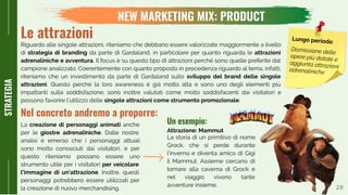 28
STRATEGIA
Le attrazioni
Riguardo alle singole attrazioni, riteniamo che debbano essere valorizzate maggiormente a livello
di strategia di branding da parte di Gardaland, in particolare per quanto riguarda le attrazioni
adrenaliniche e avventura. Il focus è su questo tipo di attrazioni perché sono quelle preferite dal
campione analizzato. Coerentemente con quanto proposto in precedenza riguardo al tema, infatti,
riteniamo che un investimento da parte di Gardaland sullo sviluppo del brand delle singole
attrazioni. Questo perché la loro awareness è già molto alta e sono uno degli elementi più
impattanti sulla soddisfazione; sono inoltre valutati come molto soddisfacenti dai visitatori e
possono favorire l’utilizzo delle singole attrazioni come strumento promozionale.
Nel concreto andremo a proporre:
La creazione di personaggi animati anche
per le giostre adrenaliniche. Dalle nostre
analisi è emerso che i personaggi attuali
sono molto conosciuti dai visitatori, e per
questo riteniamo possano essere uno
strumento utile per i visitatori per veicolare
l’immagine di un’attrazione. Inoltre, questi
personaggi potrebbero essere utilizzati per
la creazione di nuovo merchandising.
Attrazione: Mammut
La storia di un primitivo di nome
Grock, che si perde durante
l’inverno e diventa amico di Gigi
il Mammut. Assieme cercano di
tornare alla caverna di Grock e
nel viaggio vivono tante
avventure insieme.
Un esempio:
Lungo periodo:
Dismissione delle
opere più datate e
aggiunta attrazioni
adrenaliniche
NEW MARKETING MIX: PRODUCT
 