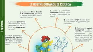 3
AUDITESTERNOILPROGETTO
LE NOSTRE DOMANDE DI RICERCA
3. driver di scelta
e di soddisfazione
4.
Gardaland
5. target
6. azioni
manageriali
2. percezione
associazioni
1.
mercato dei parchi a
tema
 