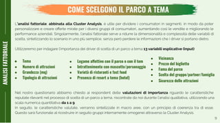 9
COME SCELGONO IL PARCO A TEMA
ANALISIFATTORIALE
L’analisi fattoriale, abbinata alla Cluster Analysis, è utile per dividere i consumatori in segmenti, in modo da poter
personalizzare e creare oﬀerte mirate per i diversi gruppi di consumatori, aumentando così le vendite e migliorando le
performance aziendali. Singolarmente, l’analisi fattoriale serve a ridurre la dimensionalità e complessità delle variabili di
scelta, sintetizzando lo scenario in uno più semplice, senza però perdere le informazioni che i driver si portano dietro.
Utilizzeremo per indagare l’importanza dei driver di scelta di un parco a tema 13 variabili esplicative (input):
Nel nostro questionario abbiamo chiesto ai respondent delle valutazioni di importanza riguardo le caratteristiche
reputate rilevanti nel processo di scelta di un parco a tema, riscontrate da noi durante l’analisi qualitativa, utilizzando una
scala numerica quantitativa da 1 a 9.
In seguito, le caratteristiche valutate, verranno sintetizzate in macro aree, con un principio di coerenza tra di esse.
Questo sarà funzionale al ricostruire in seguito gruppi internamente omogenei attraverso la Cluster Analysis.
● Legame affettivo con il parco o con il tem
● Intrattenimento con mascotte/personaggio
● Varietà di ristoranti e fast food
● Presenza di resort a tema (hotel)
● Vicinanza
● Prezzo del biglietto
● Fama del parco
● Scelta del gruppo/partner/famiglia
● Sicurezza delle attrazioni
● Tema
● Numero di attrazioni
● Grandezza (mq)
● Tipologia di attrazioni
 