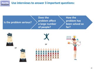 29
Use interviews to answer 3 important questions:
Is the problem serious?
Does the
problem affect
a large number
of peopl...