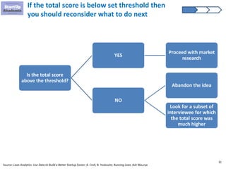 31
If the total score is below set threshold then
you should reconsider what to do next
Source: Lean Analytics: Use Data t...