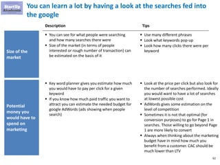 62
You can learn a lot by having a look at the searches fed into
the google
 You can see for what people were searching
a...