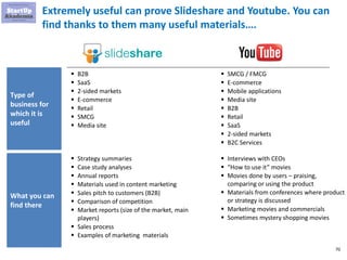 70
Extremely useful can prove Slideshare and Youtube. You can
find thanks to them many useful materials….
 B2B
 SaaS
 2...