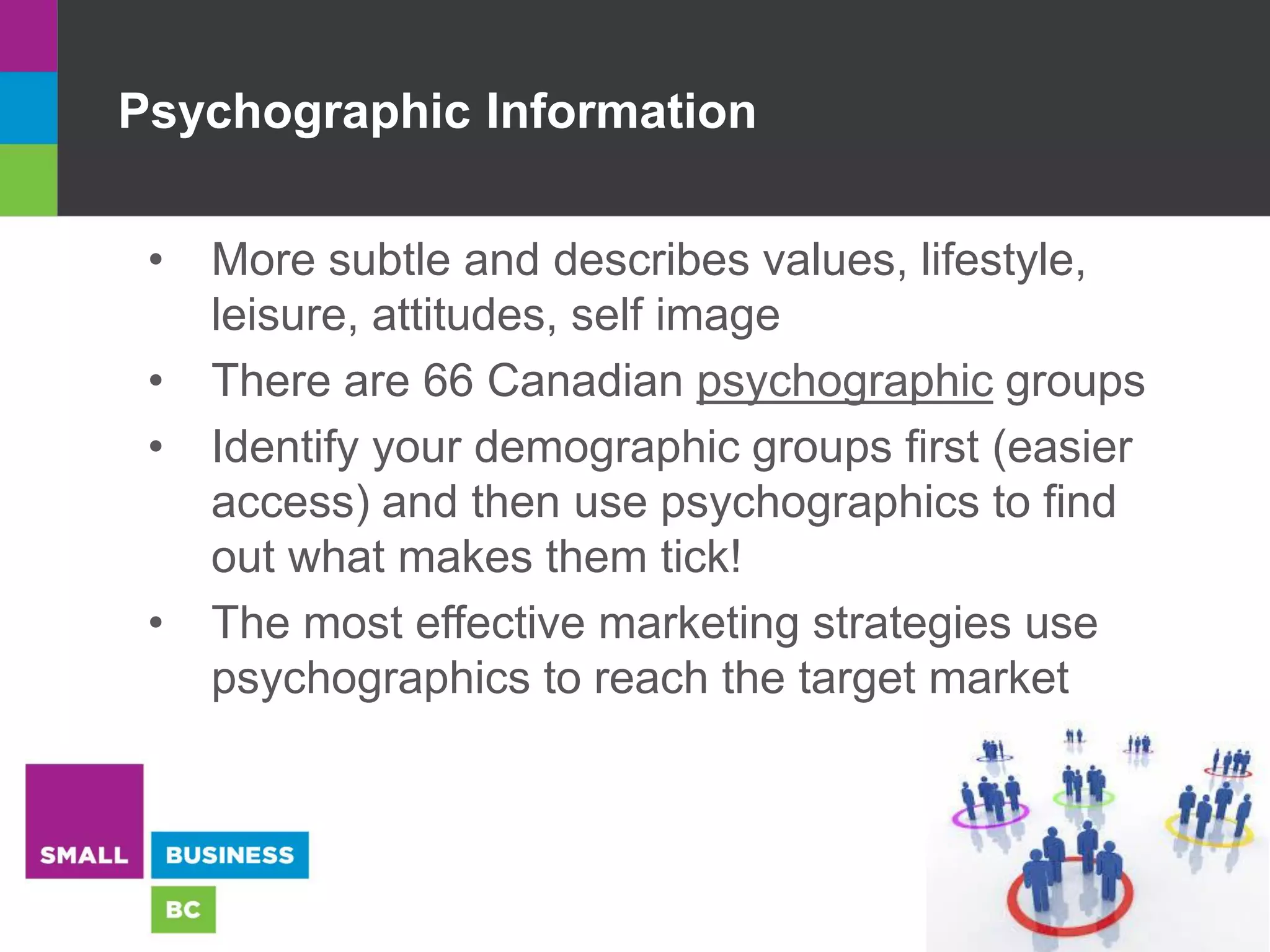 Psychographic Information
• More subtle and describes values, lifestyle,
leisure, attitudes, self image
• There are 66 Canadian psychographic groups
• Identify your demographic groups first (easier
access) and then use psychographics to find
out what makes them tick!
• The most effective marketing strategies use
psychographics to reach the target market
 