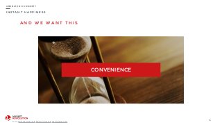 I N S T A N T H A P P I N E S S
A N D W E W A N T T H I S
14
U B E R I Z E D E C O N O M Y
CONVENIENCE
Source: Market Revolution, 2015; Business Insider, 2014; Next Juggernaut, 2014
 