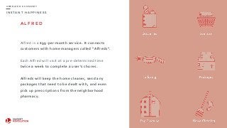 I N S T A N T H A P P I N E S S
U B E R I Z E D E C O N O M Y
A L F R E D
Alfred	
  is	
  a	
  $99-­‐per-­‐month	
  service.	
  It	
  connects	
  
customers	
  with	
  home	
  managers	
  called	
  “Alfreds”.	
  
Each	
  Alfred	
  will	
  visit	
  at	
  a	
  pre-­‐determined	
  time	
  
twice	
  a	
  week	
  to	
  complete	
  a	
  user’s	
  chores.	
  
Alfreds	
  will	
  keep	
  the	
  home	
  cleaner,	
  send	
  any	
  
packages	
  that	
  need	
  to	
  be	
  dealt	
  with,	
  and	
  even	
  
pick	
  up	
  prescriptions	
  from	
  the	
  neighborhood	
  
pharmacy.
27
 