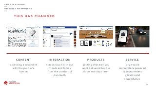I N S T A N T H A P P I N E S S
T H I S H A S C H A N G E D
30
U B E R I Z E D E C O N O M Y
CONTENT INTERACTION SERVICE
accessing	
  a	
  document	
  
with	
  the	
  push	
  of	
  a	
  
button
stay	
  in	
  touch	
  with	
  our	
  
friends	
  and	
  family	
  
from	
  the	
  comfort	
  of	
  
our	
  couch
getting	
  whatever	
  you	
  
want	
  delivered	
  to	
  your	
  
doors	
  two	
  days	
  later
PRODUCTS
large-­‐scale	
  
marketplace	
  powered	
  
by	
  independent	
  
workers	
  and	
  
smartphones
 